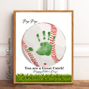 Cadeau de fête des pères pour pop pop, empreinte de main de baseball, empreinte de main grande capture, cadeau pop pop de sport, artisanat de fête des pères pour enfants, carte d'art DIY.