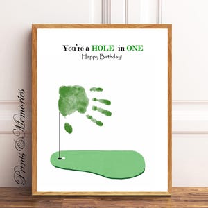Golf handafdruk voetafdrukkunst, golfambacht, verjaardagscadeau voor vader, grootvader, oom, je bent een hole-in-one. Verjaardagsknutsel, doe-het-zelfkaart.