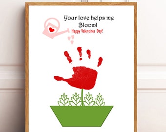 Handprint art Valentines, Valentines craft, Your love helps me bloom flower handprint template, Daycare/Preschool/Kindergarten activity. DIY