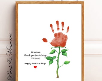 Mother's Day gift for Grandma, Flower Handprint art, Thank you for helping  me grow, gift from grandkid, Baby toddler kid craft, DIY card.