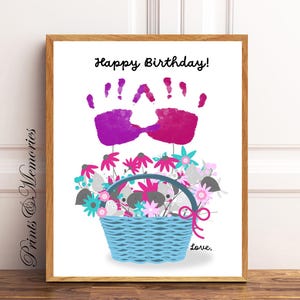 Geburtstagsgeschenk, Blumenkorb, Handabdruck Kunst, DIY Handabdruck Kunstkarte, Geschwister Geschenk, Kind / Kinder basteln, Geschenk für Mutter, Tante, Großeltern.