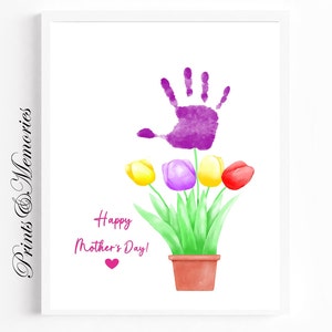 Artesanato do Dia das Mães, arte de impressão manual de flores de tulipas, presente para mãe, avó, tia, pré-escola, creche, artesanato infantil, cartão feito à mão.