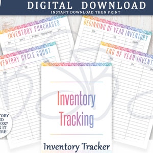 May include: Printable inventory tracking sheets with a rainbow gradient border. The sheets are titled "Inventory Purchases", "Inventory Cycle Count", "Beginning of Year Inventory", and "End of Year Inventory".