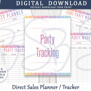 Op de afbeelding: Een digitale download met werkbladen voor het plannen en volgen van feesten. Het ontwerp bevat een Party Planner, Party Tracker en Party Worksheet, met een kleurrijke gradi&euml;ntrand en de tekst "Party Tracking". De tekst "Direct Sales Planner / Tracker" is ook zichtbaar.