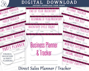 Könnte beinhalten: Ein druckbarer Businessplaner und Tracker für Direktverkäufer. Der Planer enthält Abschnitte für Kilometerstand, Party-Tracking, Inventar, Einkommen, Ausgaben und mehr. Der Planer hat ein pink-schwarzes Farbschema mit einem dekorativen floralen Muster.