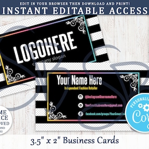 Instant Editable Black & White Stripe Dots Business Card Fashion Retailers Business Cards, LLR Inspired, Home Office Approved LR3 image 1