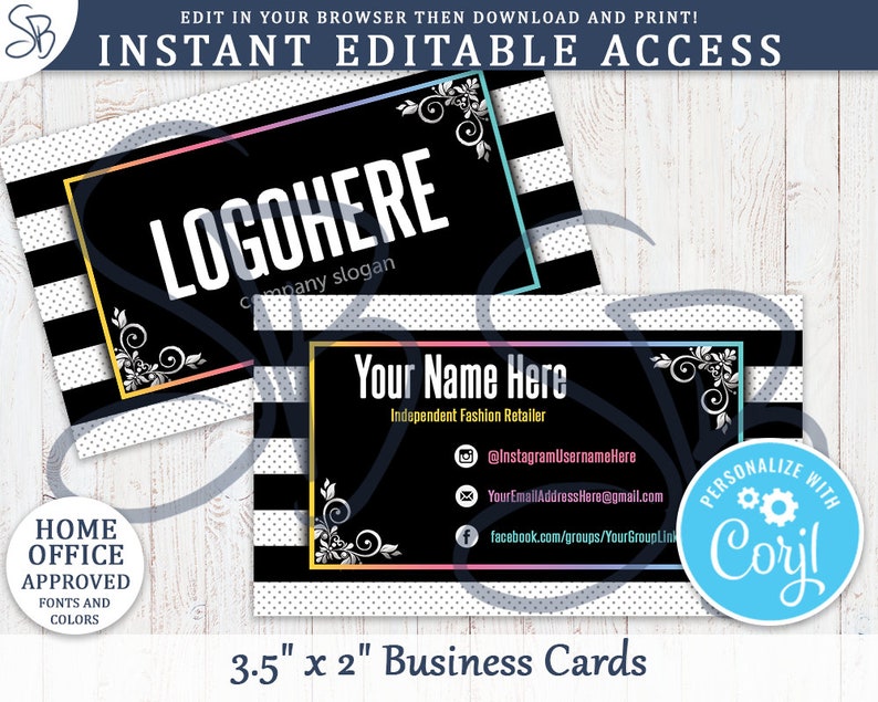 Instant Editable Black & White Stripe Dots Business Card Fashion Retailers Business Cards, LLR Inspired, Home Office Approved LR3 image 1