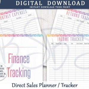 Op de afbeelding: Digitale download van een direct sales planner en tracker. De afbeelding toont vier vellen met verschillende sjablonen voor financi&euml;le tracking: maandelijkse uitgaven, retourtracker en inkomsten tracker. Elk vel heeft een kleurrijke rand en is gelabeld met tekst.