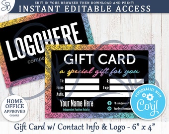 Instant Editable Gift Card with Contact Information - Chalkboard Fashion Retailers Gift Cards, LLR Inspired, Home Office Approved - LR2