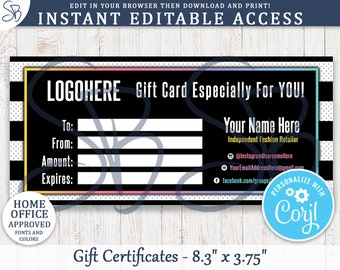 Instant Editable Gift Certificates - B&W Polka Dots with Stripes - Fashion Retailers Cards, LLR Inspired, Home Office Approved - LR3