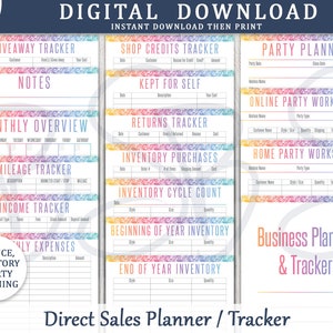May include: A digital download business planner and tracker with various sections including giveaway, shop credits, and party planning. The design features a colorful rainbow border and includes sections for finance, inventory, and party planning.