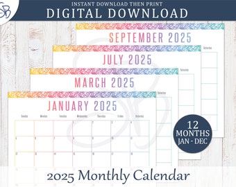 2025 Printable Monthly Overview Calendar - Soft Rainbow Floral Colors, Digital Download, 8.5"x11" Letter Size