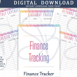 May include: Printable finance tracker sheets with a rainbow gradient and floral design. The sheets include sections for monthly expenses, shop credits, giveaways, returns, and income.