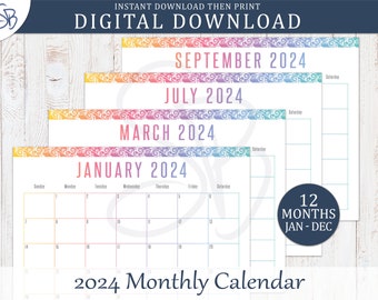 2024 Printable Monthly Overview Calendar - Soft Rainbow Floral Colors, Digital Download, 8.5"x11" Letter Size