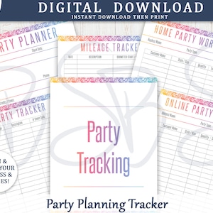 May include: A printable set of party planning trackers with a rainbow gradient border. The trackers include a party planner, mileage tracker, home party worksheet, and online party worksheet. The text "Party Planning Tracker" is at the bottom of the image.