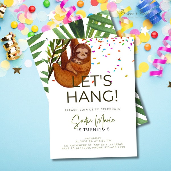 Let's hang sloth birthday party invite