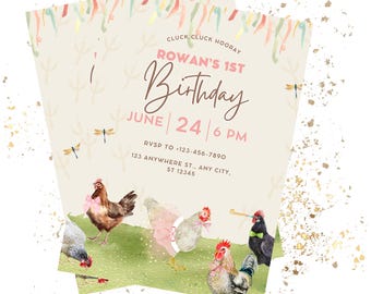 May include: A light brown and pink birthday invitation with a watercolor illustration of chickens. The invitation says "CLUCK CLUCK HOORAY ROWAN'S 1ST Birthday JUNE | 24 | 6 PM" and includes RSVP information.