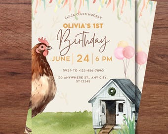 May include: A printable invitation for a first birthday party with a farmhouse theme. The invitation features a watercolor illustration of a hen, a small white coop, and colorful confetti. The text on the invitation reads "Olivia's 1st Birthday" and includes the date and time of the party. RSVP information is also included.