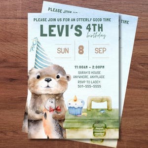 Otter fishing Birthday Invite - Full KIT! Digital Invite, Food Labels, Cupcake Toppers & Thank yous!