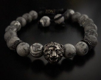 Adjustable Black lion bracelet with gray jasper natural beads, lion jewelry men bracelet, husband bracelet gift