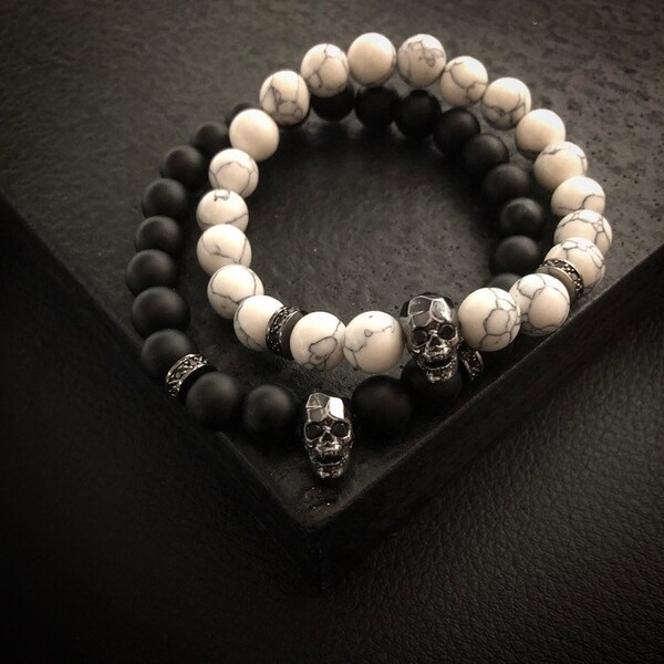 Matching Skull Bracelets, Black & White Beaded Bracelet, Till Death Do Us Part