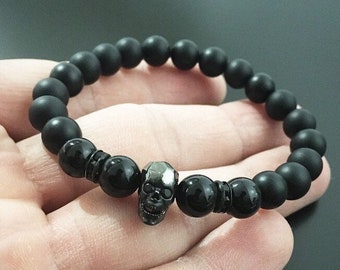 Skull Bracelet, Gift for him, manly, strong, onyx bracelet, Skull Bracelet, Men bracelet, Beaded bracelet boyfried gifts, men bracelet men