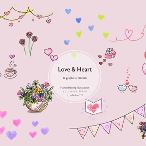 Conjunto de imágenes prediseñadas del día de San Valentín: corazón y amor, rosas, pájaros del amor, parejas, lindas imágenes prediseñadas de San Valentín, decoración de pared, tarjeta, pegatinas, dibujo a mano
