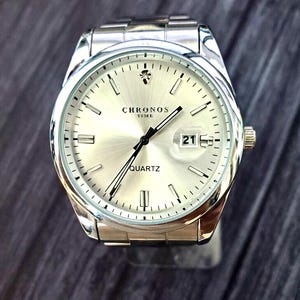 Chronos Men's Date Watch Silver Burst Diamond Dial 90's - Etsy