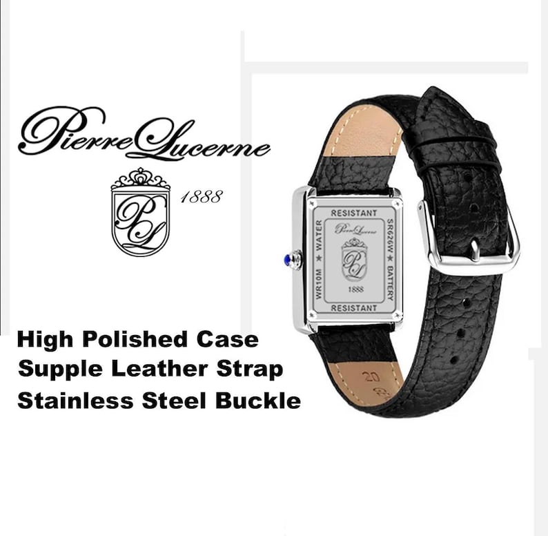 Pierre Lucerne Swiss Tank Watch: Black Leather Strap, Seiko Quartz image 4