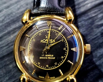 Rare Roamer Mechanical Mens Swiss Watch Serviced Gld-Blk-Blk