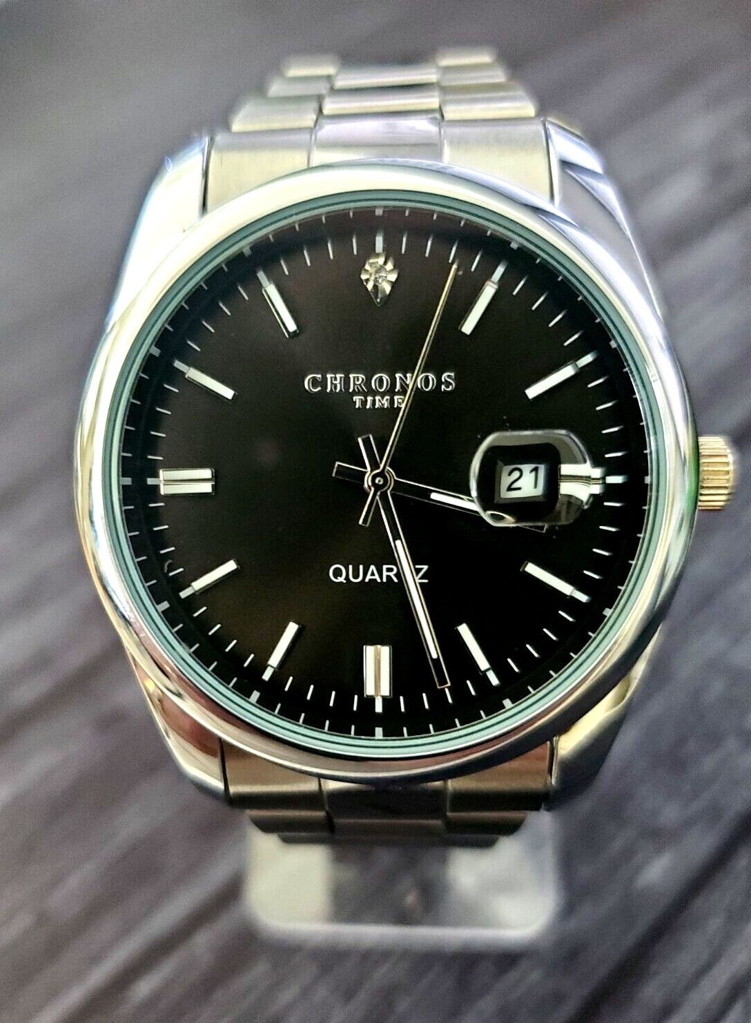 Chronos Men's Day Date Watch Tuxedo Black Diamond Dial Swiss Screw