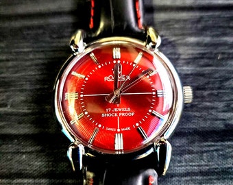 Rare Roamer Brevete Swiss Mens Mechanical Watch: Red Burst, Serviced