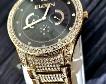ELGIN Crystal Men's Gold Watch Rectangular Crystal Black Dial Gold