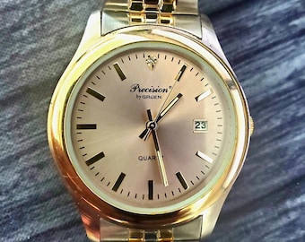 Rare Gruen Precision Diamond Mens Watch 2-tone Gold Silver
