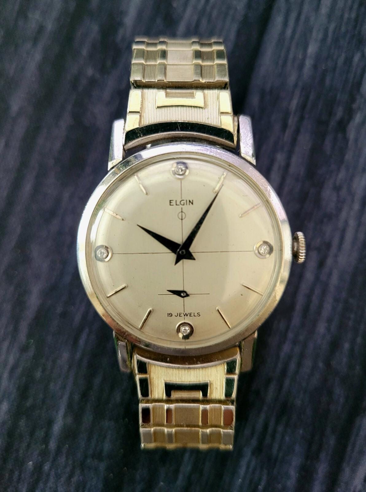 Rare Elgin Mens Manual Wind Watch Diamond Dial 10K Gold RGP