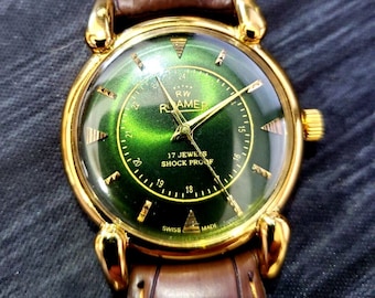 RARE Roamer Shock Proof Manual Wind Swiss Watch Restored Serviced Gld-Grn-Blk
