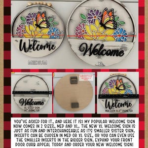 Puede incluir: Dos letreros de bienvenida redondos de madera con dise&ntilde;o de mariposa y flores en morado, amarillo y azul. Los letreros se muestran en di&aacute;metros de 26,7 cm y 35,6 cm, con la palabra Welcome en letra cursiva negra y un acabado blanco desgastado.