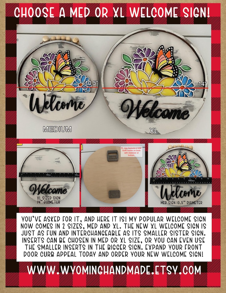 Puede incluir: Dos letreros de bienvenida redondos de madera con dise&ntilde;o de mariposa y flores en morado, amarillo y azul. Los letreros se muestran en di&aacute;metros de 26,7 cm y 35,6 cm, con la palabra Welcome en letra cursiva negra y un acabado blanco desgastado.