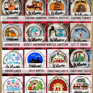 Puede incluir: Una colecci&oacute;n de diecis&eacute;is insertos circulares de madera para letreros de bienvenida con temas estacionales para Acci&oacute;n de Gracias e invierno. Cada inserto muestra dise&ntilde;os coloridos en capas que incluyen peregrinos, calabazas, pavos, mu&ntilde;ecos de nieve y copos de nieve.