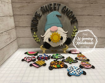 Gnome Door Sign, Gnome Sweet Gnome, 15" Door Sign, Shiplap Decor, Interchangeable sign, Seasonal Welcome, gift for Mom, housewarming gift