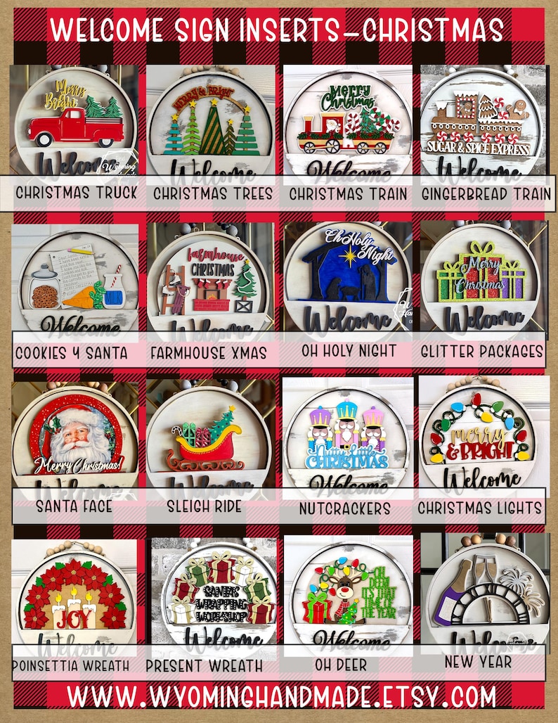 Puede incluir: Una colecci&oacute;n de diecis&eacute;is insertos circulares de madera para letreros de bienvenida navide&ntilde;os, cada uno con motivos estacionales distintos como un cami&oacute;n rojo, Santa, cascanueces y trenes sobre un fondo de cuadros rojos y negros.