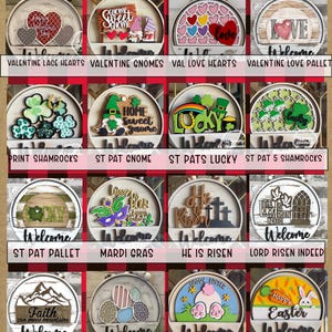 Puede incluir: Una colecci&oacute;n de diecis&eacute;is insertos circulares de madera para letreros de bienvenida con temas estacionales que incluyen San Valent&iacute;n, San Patricio, Mardi Gras, Pascua y motivos religiosos. Cada inserto muestra dise&ntilde;os coloridos en capas y texto.