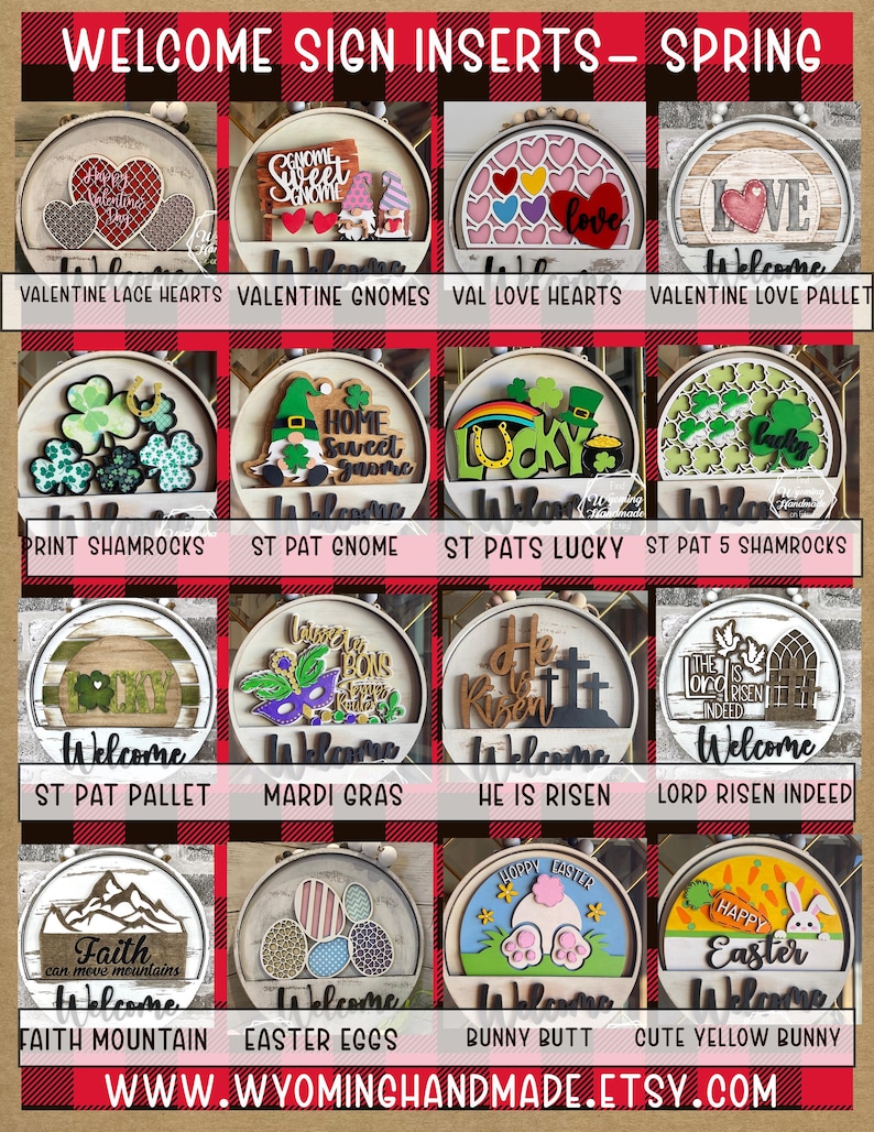 Puede incluir: Una colecci&oacute;n de diecis&eacute;is insertos circulares de madera para letreros de bienvenida con temas estacionales que incluyen San Valent&iacute;n, San Patricio, Mardi Gras, Pascua y motivos religiosos. Cada inserto muestra dise&ntilde;os coloridos en capas y texto.