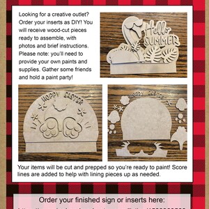 Puede incluir: Un conjunto de piezas de madera cortada DIY intercambiables que incluyen un flamenco con el texto Hello SUMMER y un conejo con el texto HOPPY EASTER. Las piezas est&aacute;n sin terminar, listas para ensamblar y pintar, con l&iacute;neas de gu&iacute;a marcadas.