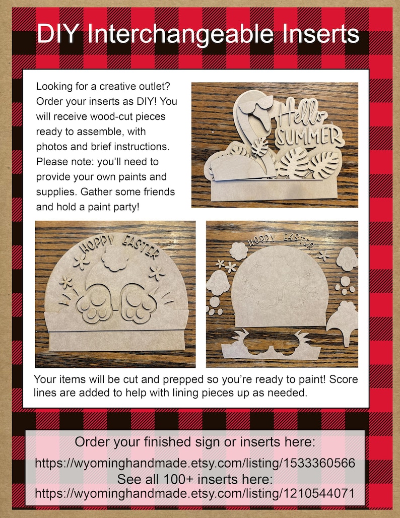 Puede incluir: Un conjunto de piezas de madera cortada DIY intercambiables que incluyen un flamenco con el texto Hello SUMMER y un conejo con el texto HOPPY EASTER. Las piezas est&aacute;n sin terminar, listas para ensamblar y pintar, con l&iacute;neas de gu&iacute;a marcadas.