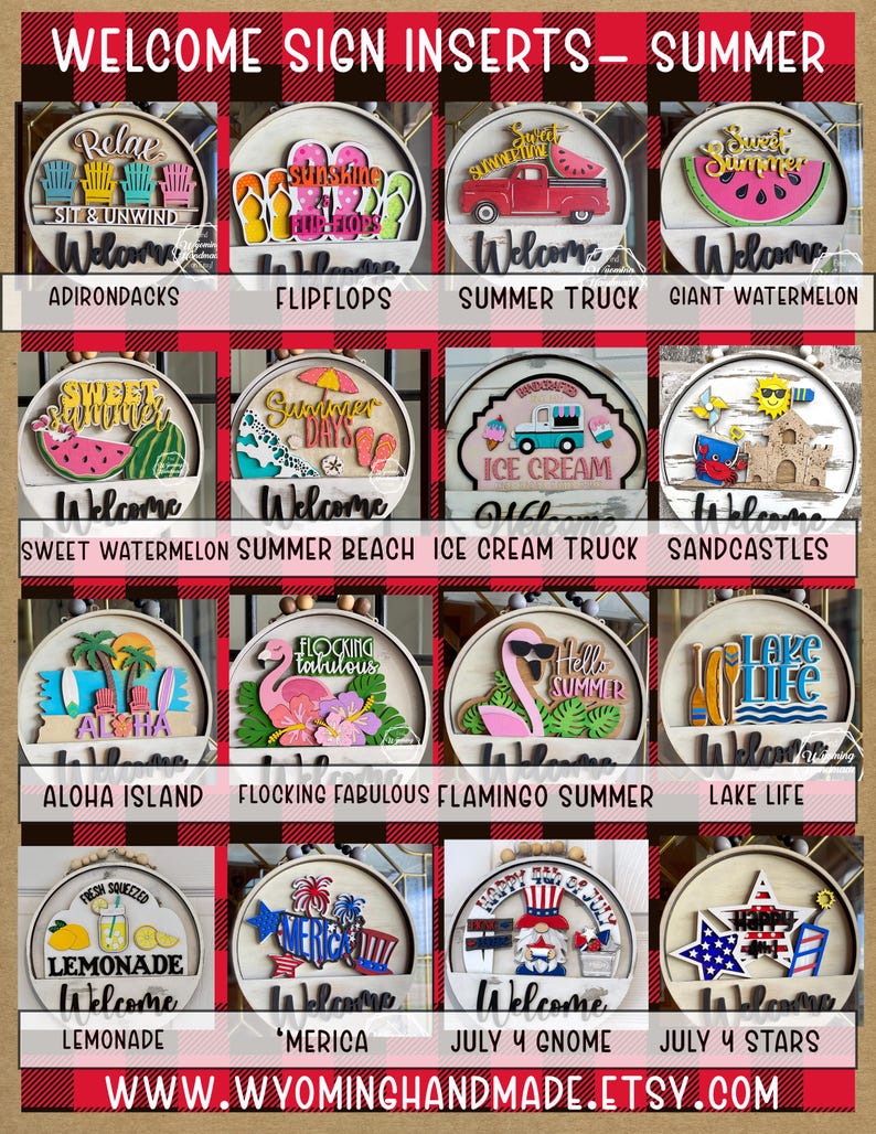 Puede incluir: Una colecci&oacute;n de diecis&eacute;is insertos circulares de madera para letreros de bienvenida con varios temas de verano, que incluyen sillas Adirondack, chanclas, un cami&oacute;n rojo, sand&iacute;a, escenas de playa, helados, castillos de arena, flamencos y dise&ntilde;os patri&oacute;ticos del 4 de julio.