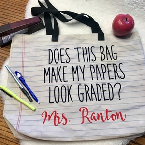 Teacher Tote Bag, Gift for Teacher, Gift for School, Papers Graded Funny bag, Oatmeal/black 14x18
