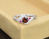Garnet Ring, Garnet Engagement Ring, 925 Sterling Silver Ring, Gift Ring, Wedding Ring, Natural Garnet Gemstone with Tourmaline Gemstone