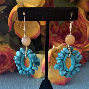 Chico&#39;s Blue Howlite Turquoise Hoop Earrings w/ French Ear Wires; Soft Rubber Earring Backs; Southwest Dangling Earrings w/Bead; Mint; Boxed