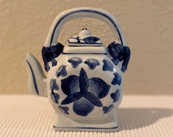 Asian Blue and White Vintage Porcelain Teapot with Lid; Chinese Soy Sauce Pot; Flawless